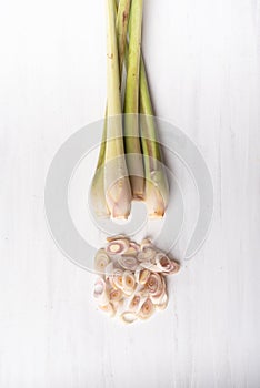 Sliced lemon grass on white table