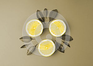 Sliced lemon with green leaf on brown background