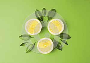 Sliced lemon with green leaf on green background