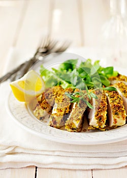 Sliced lemon herb crusted chicken breast, copy space for your text