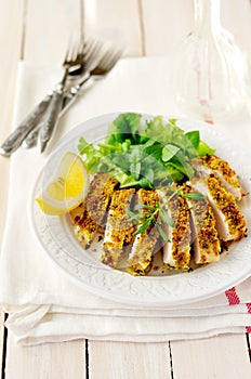 Sliced lemon herb crusted chicken breast, copy space for your text