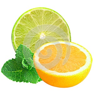 sliced lemon and lime with mint isolated on a white background