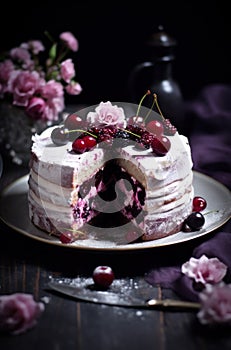 Sliced Lilac cake on a plate decorated with cherries, blackberries and flowers, dark wooden table