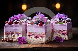 Sliced Lilac cakes with berries, decorated with flowers, dark wooden table