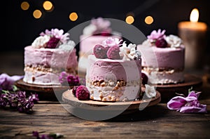 Sliced Lilac cakes with berries, decorated with flowers, dark wooden table