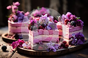 Sliced Lilac cakes with berries, decorated with flowers, dark wooden table