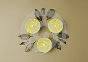 Sliced lime lemon with green leaf on brown background