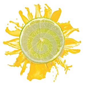 Sliced lime splash with orange juice isolated