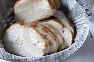 Sliced loaf of bread in wicker basket close up