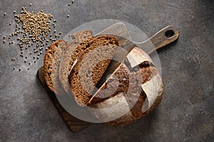 Loaf of freshly baked Hemp bread on brown background.