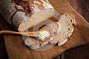 Sliced loaf of freshly baked rye bread