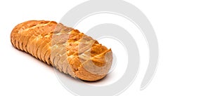 Sliced loaf of wheat bread on white background