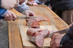 Sliced ??long-life salami in rolls