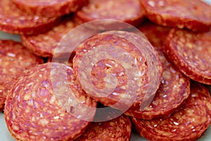 Sliced Magyar sausage close-up