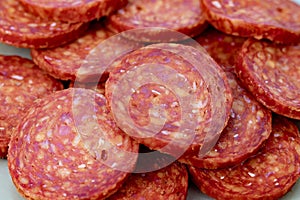 Sliced Magyar sausage close-up