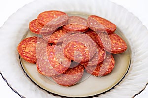 Sliced Magyar sausage close-up