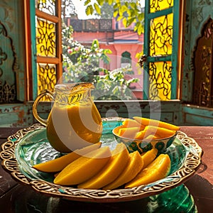 sliced mango in an old historic building with colored glass window