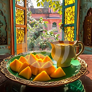 sliced mango in an old historic building with colored glass window
