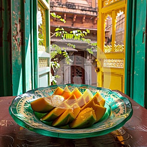 sliced mango in an old historic building with colored glass window