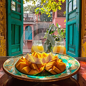 sliced mango in an old historic building with colored glass window