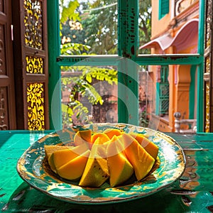 sliced mango in an old historic building with colored glass window