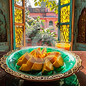 sliced mango in an old historic building with colored glass window