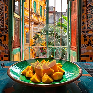 sliced mango in an old historic building with colored glass window