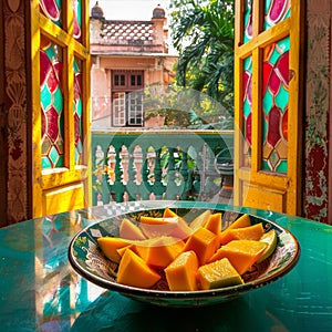 sliced mango in an old historic building with colored glass window