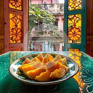 sliced mango in an old historic building with colored glass window