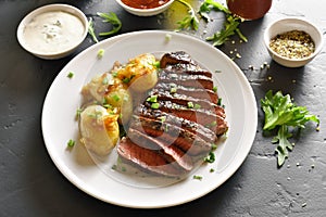 Sliced medium rare roast beef with potato