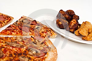 Sliced mushroom and ham hawaiian pizza