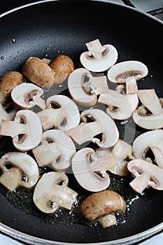 Sliced mushrooms fried in oil