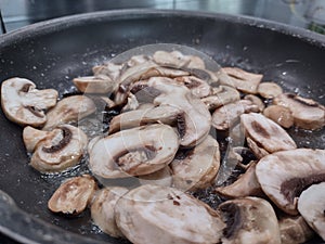 Sliced Mushrooms in a Frying Pan