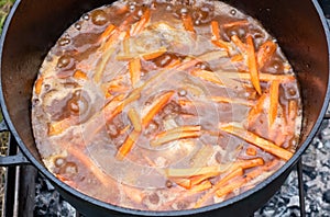 Sliced orange carrots stewing in broth on piknic