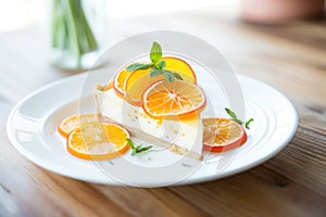 sliced orange cheesecake on plate, citrus zest garnish
