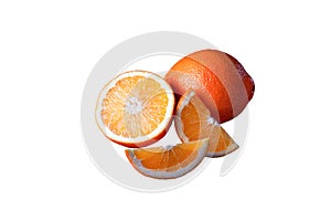 Sliced orange fruit isolated on white background. Juicy orange fruit. Ripe orange close up