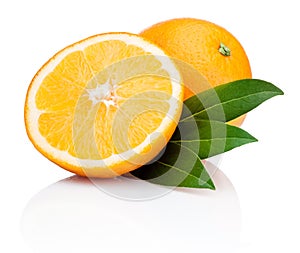 Sliced orange fruit with leaves isolated on white background