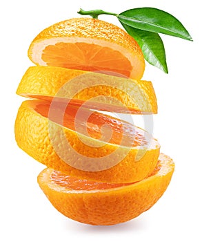 Sliced orange fruit with leaves isolated on white background. File contains clipping path