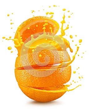 Sliced orange fruit splashing around orange juice on the white background. File contains clipping path