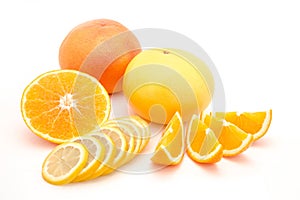 Sliced orange, lemon and grapefruit isolated on a white background