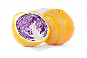 Sliced orange with red cabbage inside photo manipulation on white background