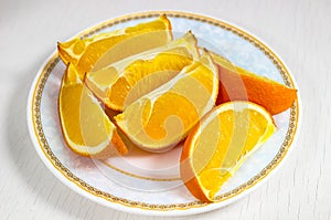 Sliced orange slices on a saucer close-up