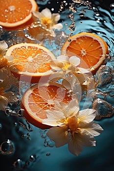 Sliced orange in transparent pool water, Creative summer composition, Refreshment concept, Healthy drink theme