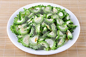 Sliced organic bitter melon.
