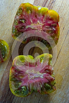 Sliced organic heirloom tomato