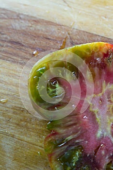 Sliced organic heirloom tomato