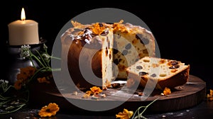 Sliced panettone with dried flowers on dark background