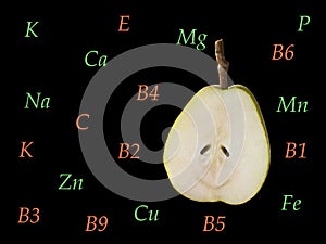 Sliced pear with a set of trace elements and vitamins photo
