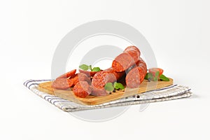 Sliced pepperoni sausages