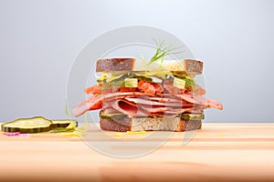 sliced pickles on a sandwich, side view